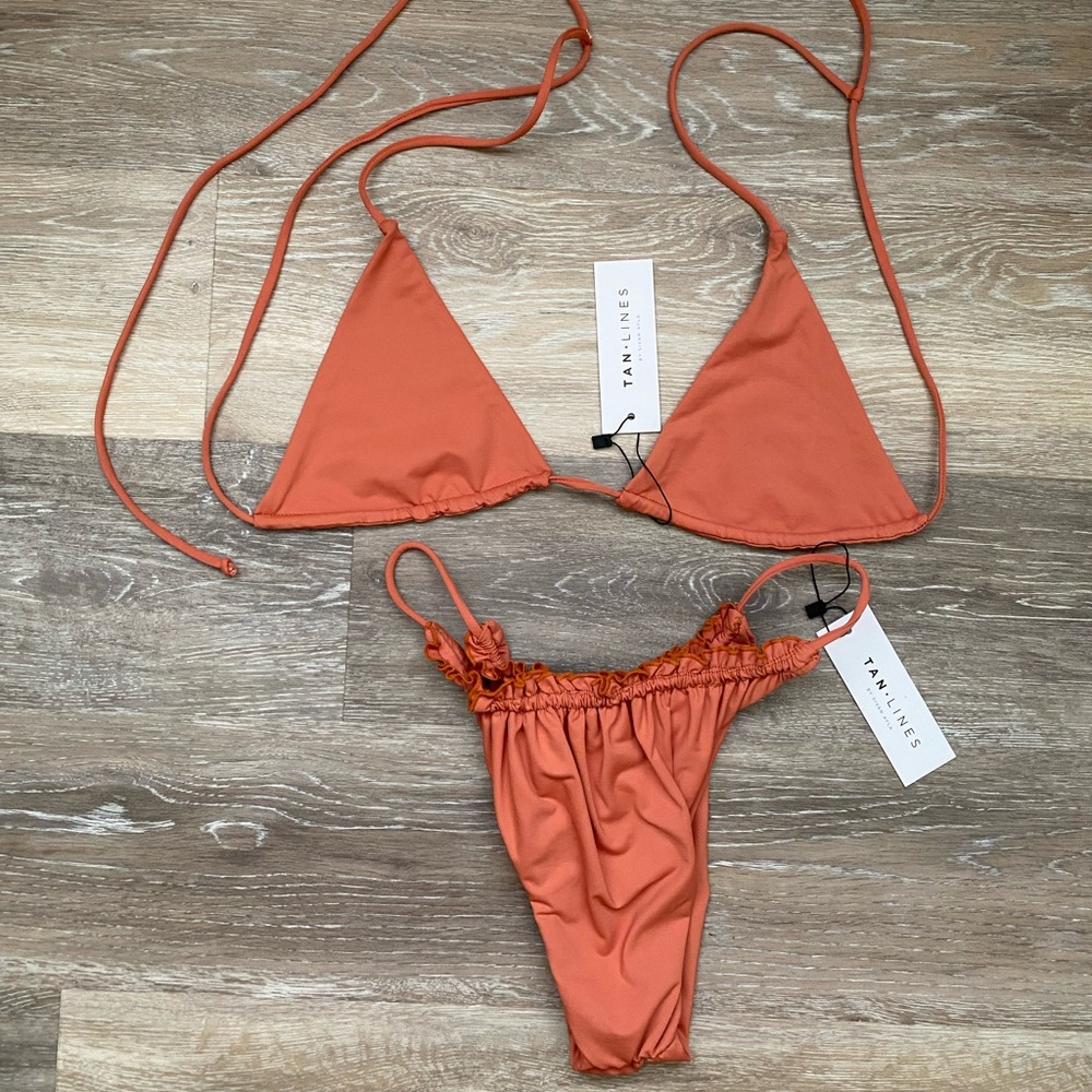 Tan Lines Indigo Top S and Phoenix Bottom M in shade Canyon